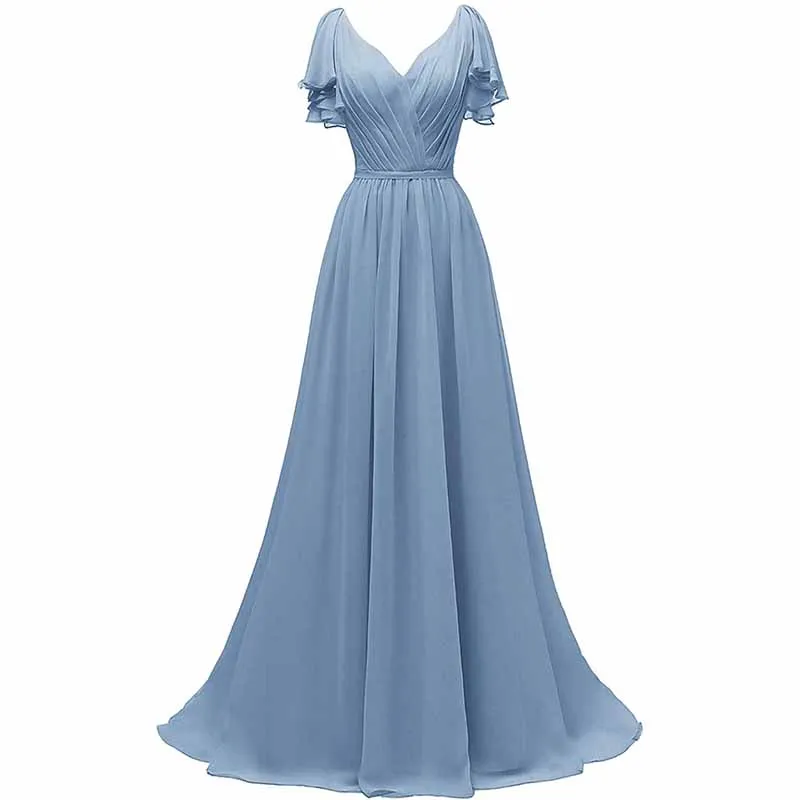 Women Ruffle Sleeves Bridesmaid Dress Chiffon Long Formal Wedding Evening Gowns