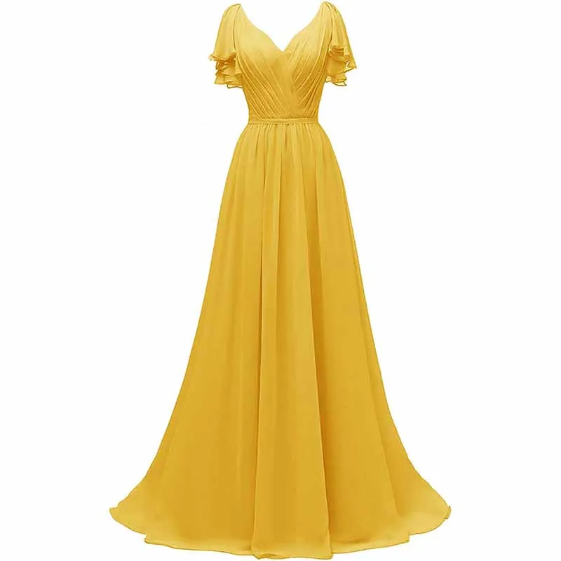Women Ruffle Sleeves Bridesmaid Dress Chiffon Long Formal Wedding Evening Gowns
