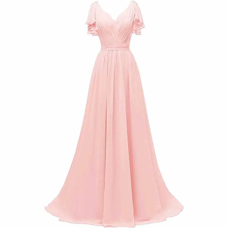 Women Ruffle Sleeves Bridesmaid Dress Chiffon Long Formal Wedding Evening Gowns