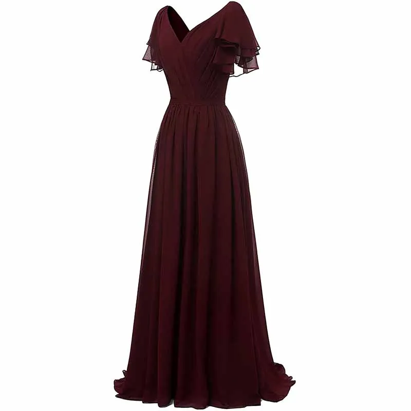 Women Ruffle Sleeves Bridesmaid Dress Chiffon Long Formal Wedding Evening Gowns