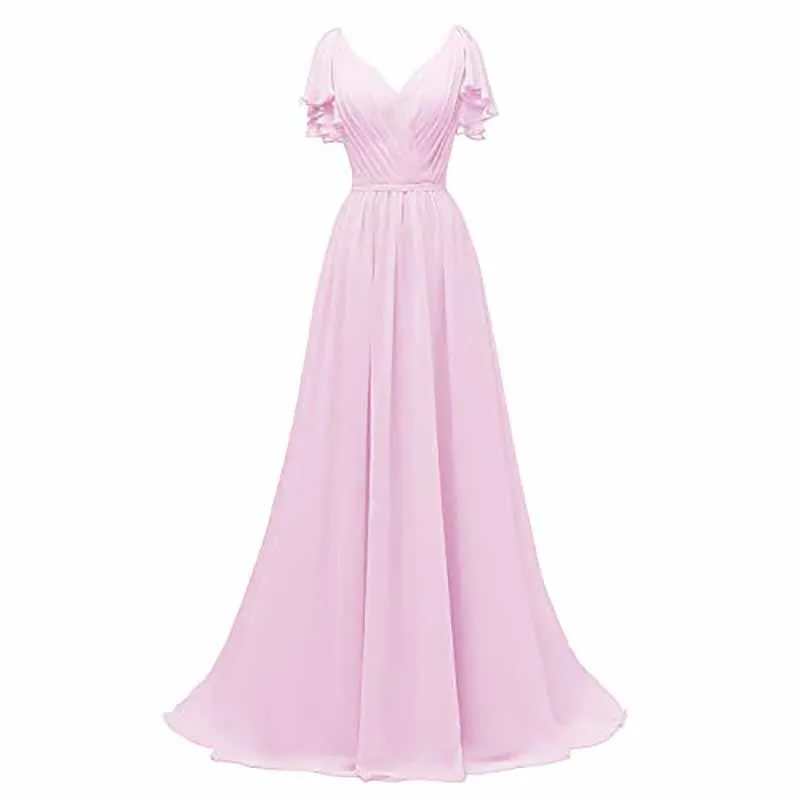 Women Ruffle Sleeves Bridesmaid Dress Chiffon Long Formal Wedding Evening Gowns