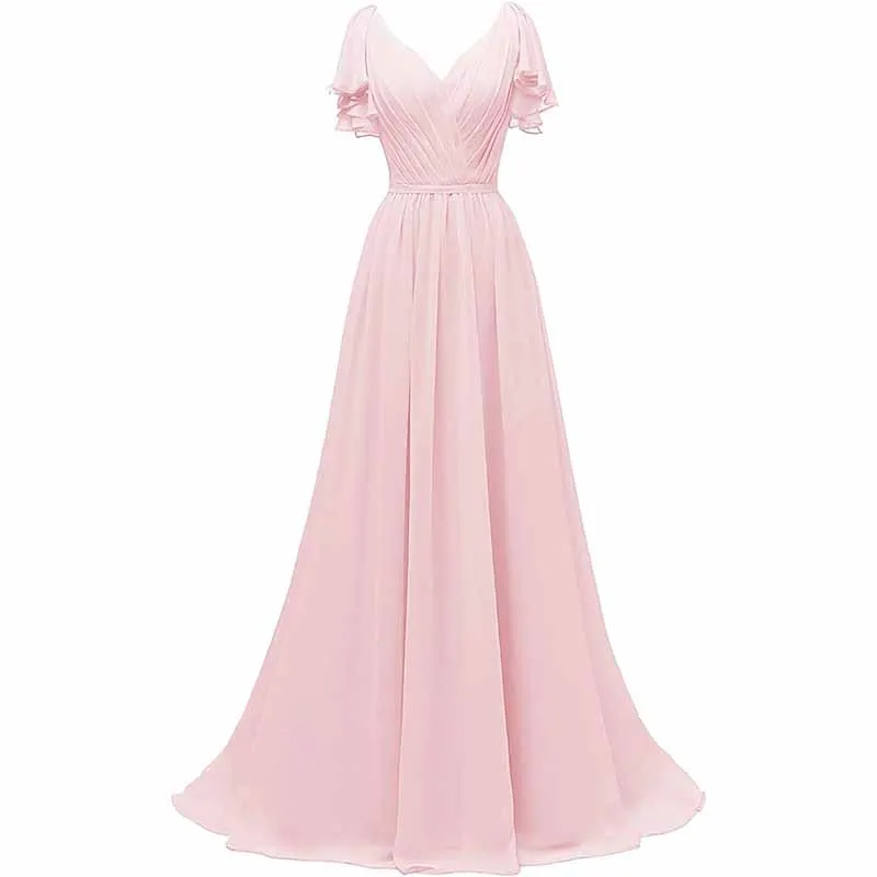 Women Ruffle Sleeves Bridesmaid Dress Chiffon Long Formal Wedding Evening Gowns