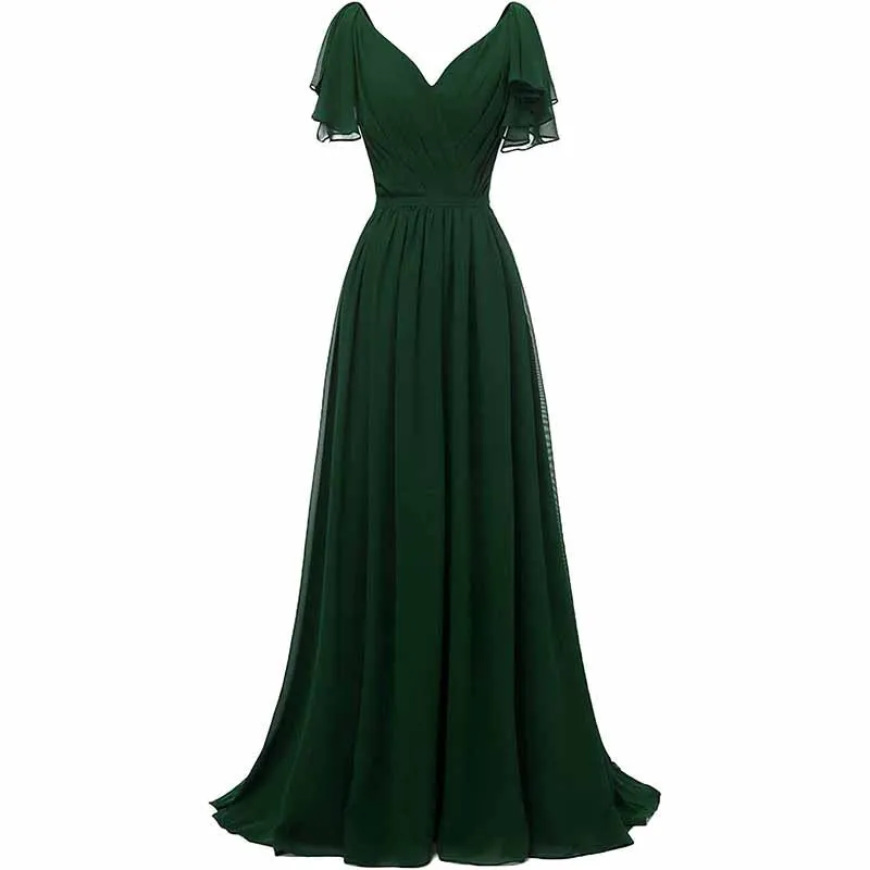 Women Ruffle Sleeves Bridesmaid Dress Chiffon Long Formal Wedding Evening Gowns