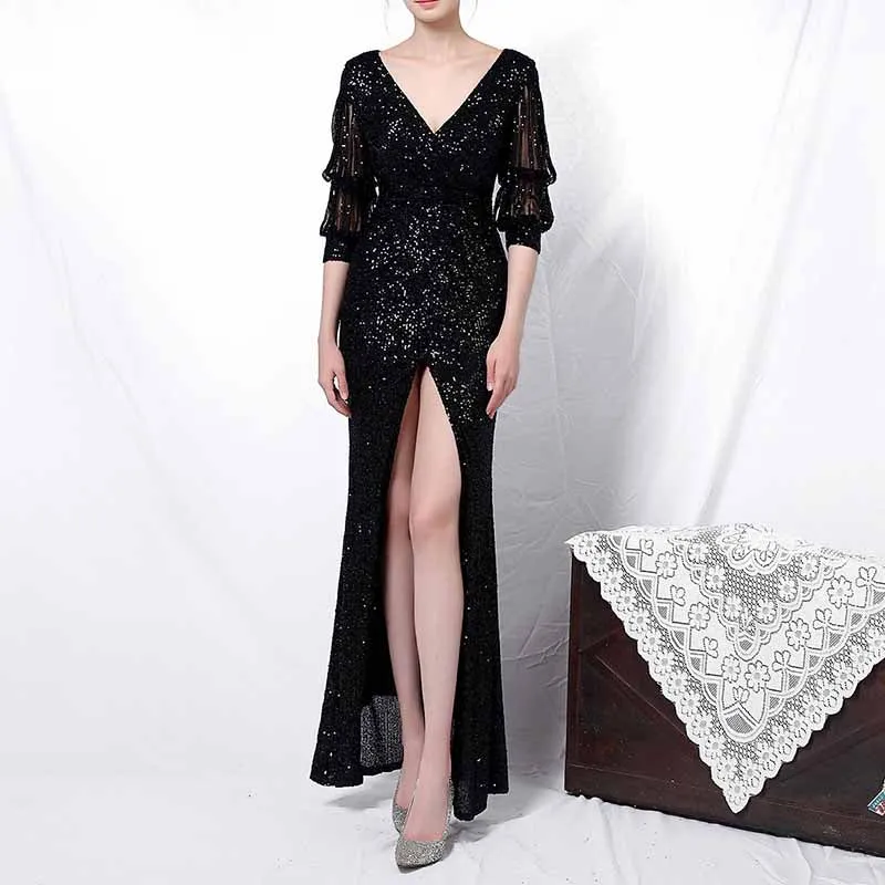 Women Sequin Evening Dress Long Sleeve Side Split Evening Gowns S-4XL
