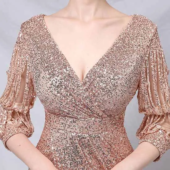 Women Sequin Evening Dress Long Sleeve Side Split Evening Gowns S-4XL