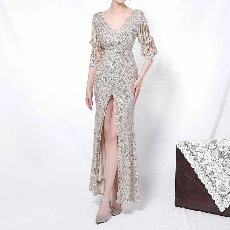 Women Sequin Evening Dress Long Sleeve Side Split Evening Gowns S-4XL