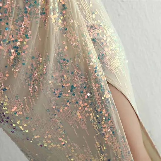 Women Sequin Party Dress V-Neck High Slit Dress Formal Evening Gowns S-4XL