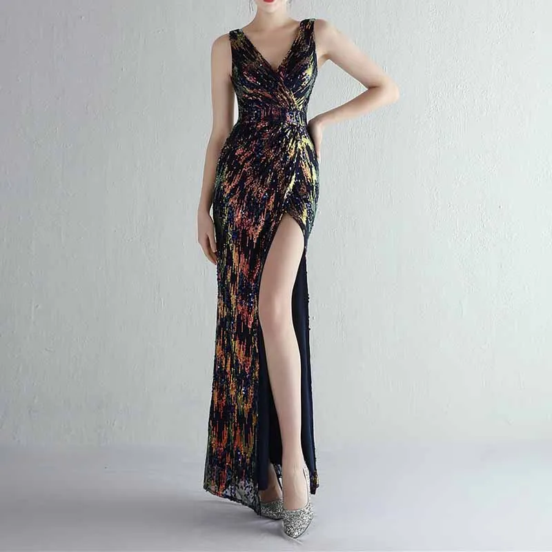 Women Sequin Party Dress V-Neck High Slit Dress Formal Evening Gowns S-4XL