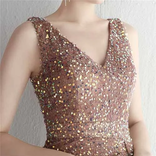 Women Sequin Party Dress V-Neck Sphagetti Strap Formal Evening Gowns S-4XL
