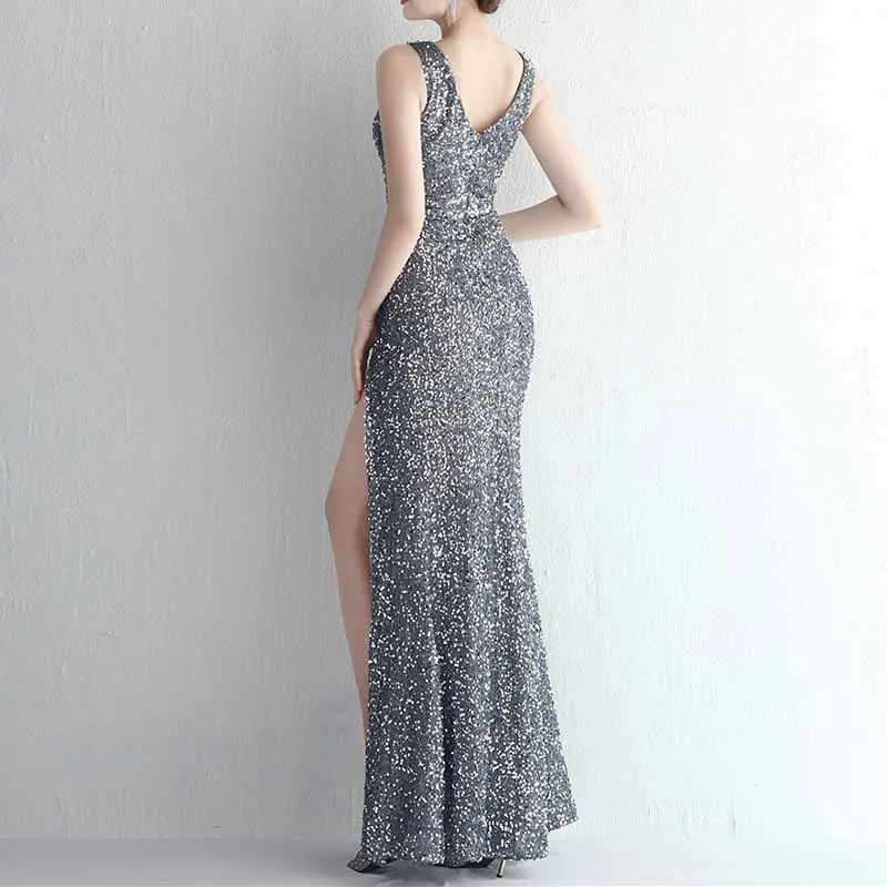 Women Sequin Party Dress V-Neck Sphagetti Strap Formal Evening Gowns S-4XL