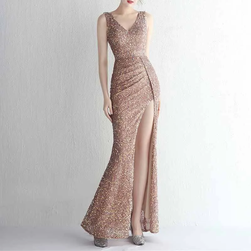 Women Sequin Party Dress V-Neck Sphagetti Strap Formal Evening Gowns S-4XL