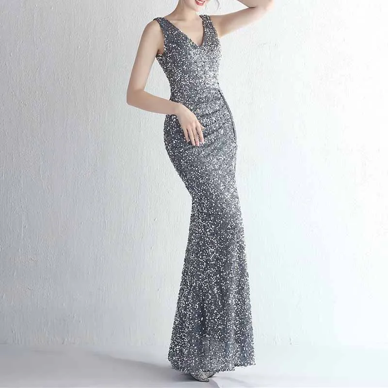 Women Sequin Party Dress V-Neck Sphagetti Strap Formal Evening Gowns S-4XL