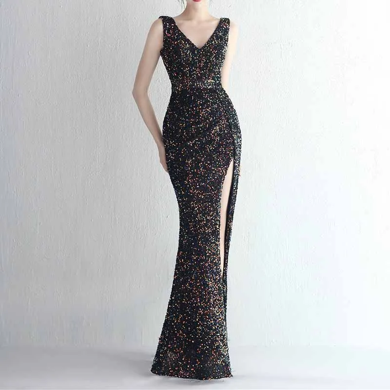 Women Sequin Party Dress V-Neck Sphagetti Strap Formal Evening Gowns S-4XL