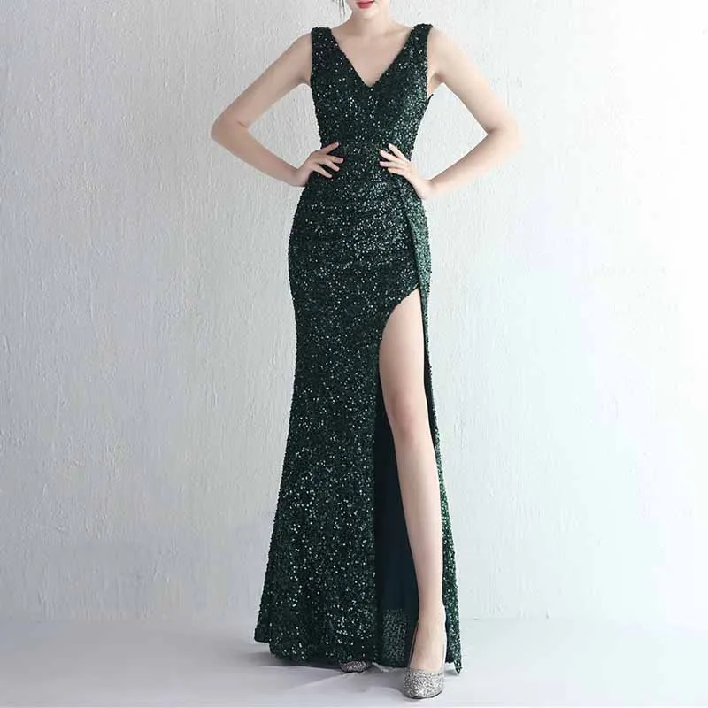 Women Sequin Party Dress V-Neck Sphagetti Strap Formal Evening Gowns S-4XL
