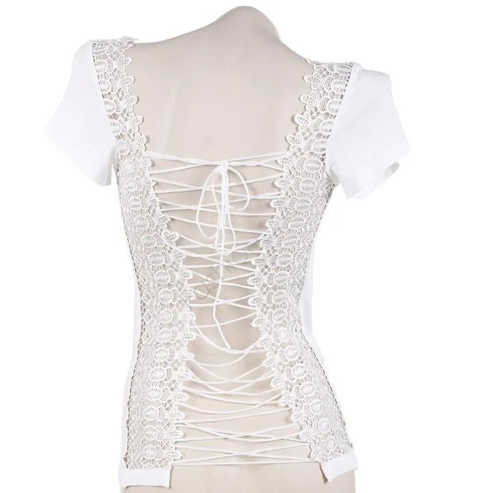 Women T-Shirt Lace Splicing T Shirt Hollow Out Halter Tee Backless Tops Short Sleeve Tshirt Clothes