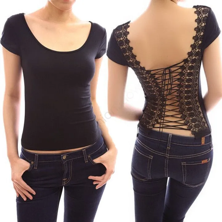 Women T-Shirt Lace Splicing T Shirt Hollow Out Halter Tee Backless Tops Short Sleeve Tshirt Clothes