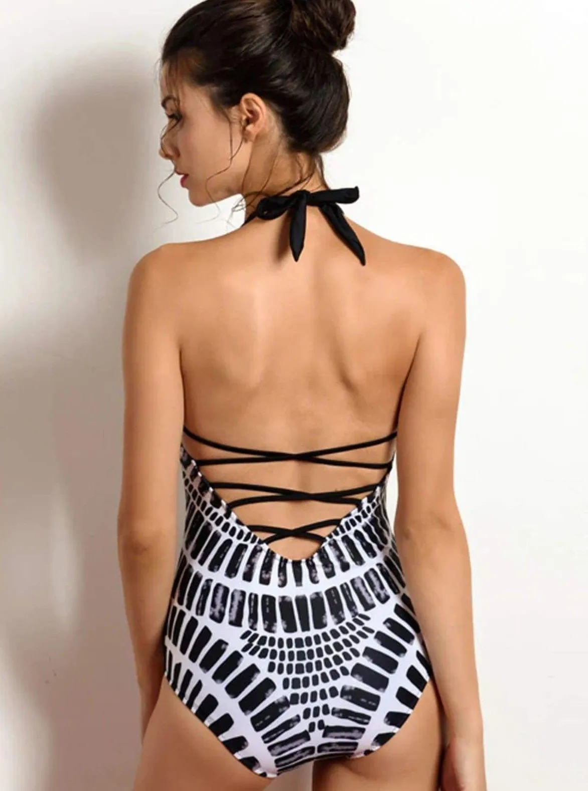 Women's Backless Halter Lace Up One Piece Swimsuit