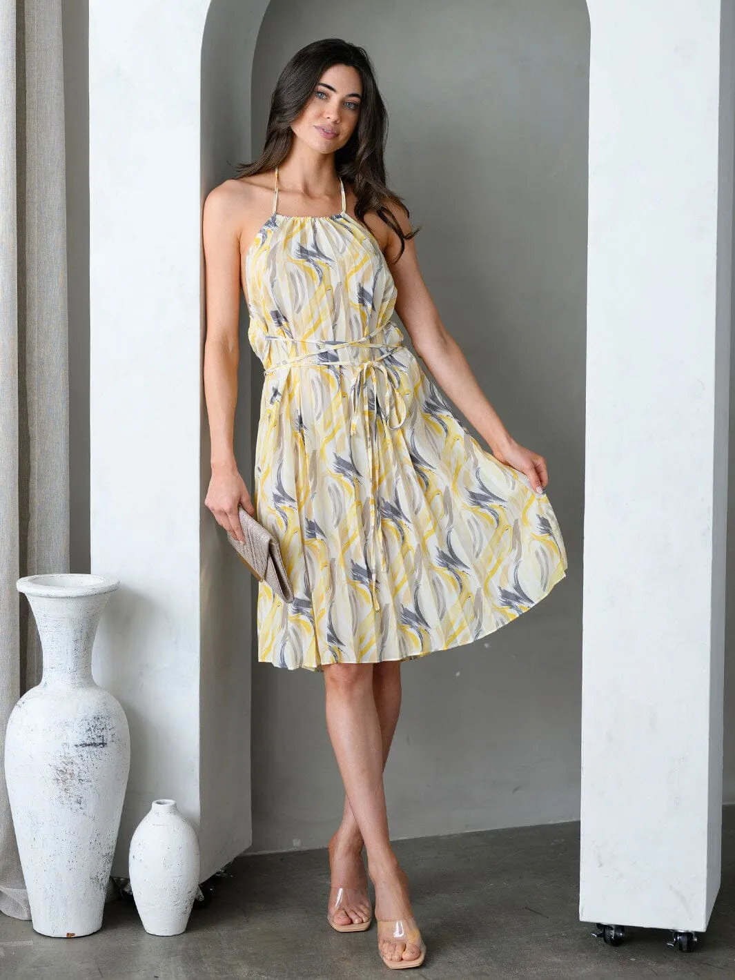 WOMEN'S BACKLESS HALTER NECK MULTI PRINT MIDI DRESS