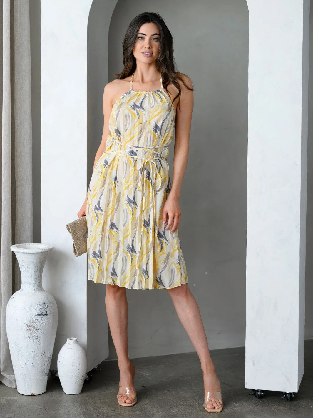 WOMEN'S BACKLESS HALTER NECK MULTI PRINT MIDI DRESS