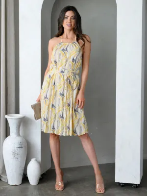 WOMEN'S BACKLESS HALTER NECK MULTI PRINT MIDI DRESS