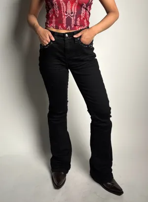 Women's Black Mid Rise Rhinestone Stretch Bootcut Jeans - Answer Me