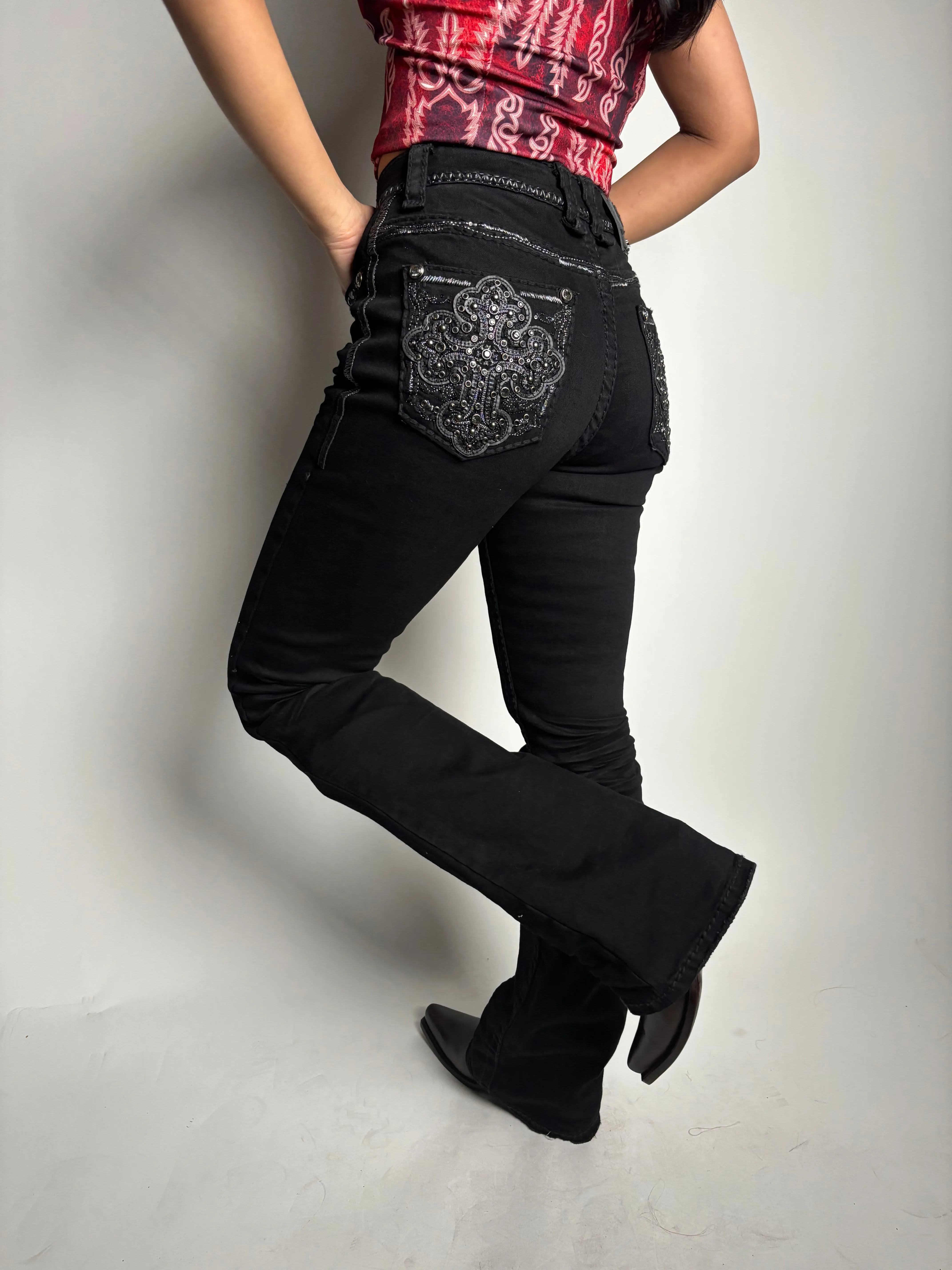 Women's Black Mid Rise Rhinestone Stretch Bootcut Jeans - Answer Me