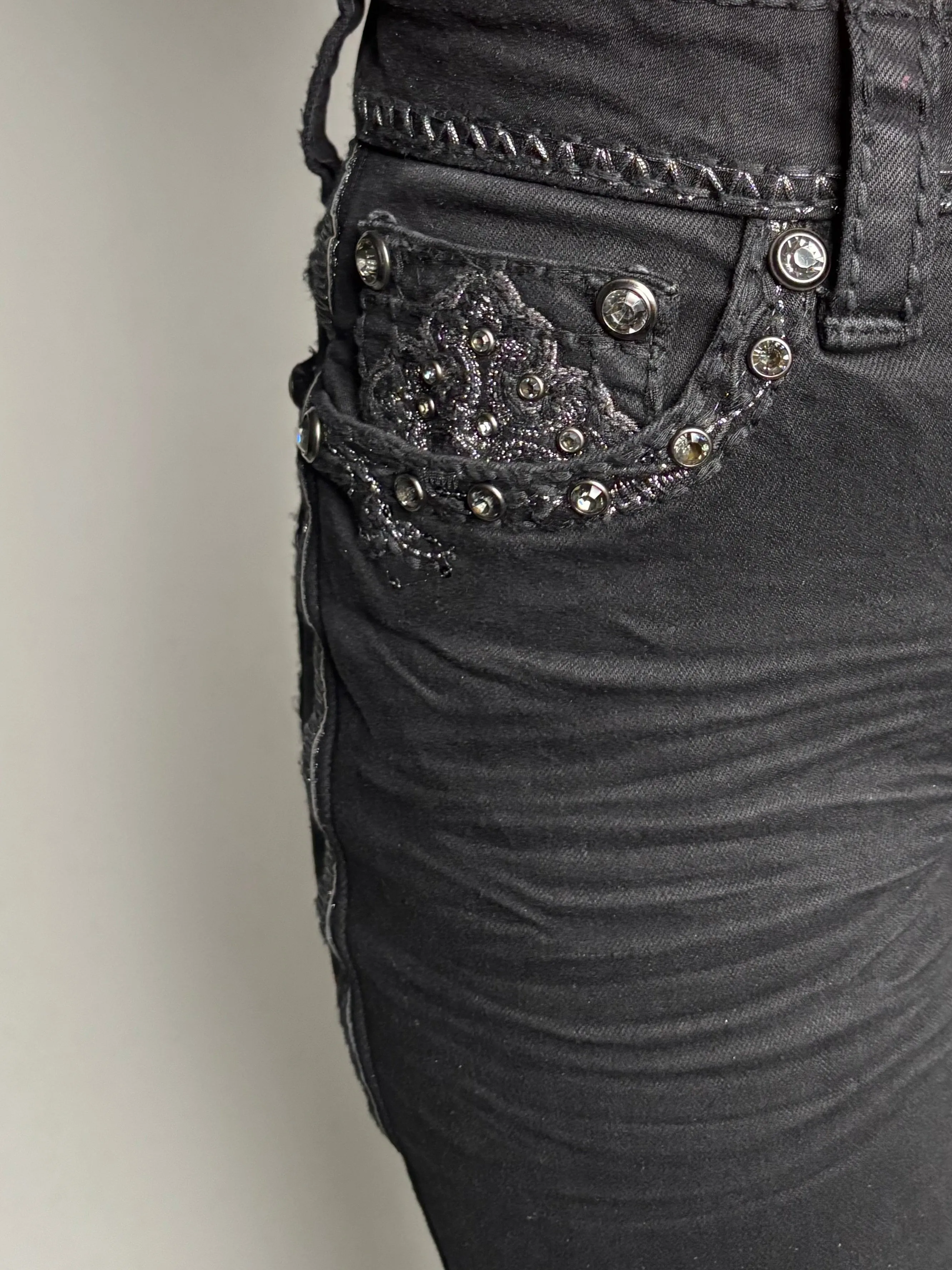 Women's Black Mid Rise Rhinestone Stretch Bootcut Jeans - Answer Me