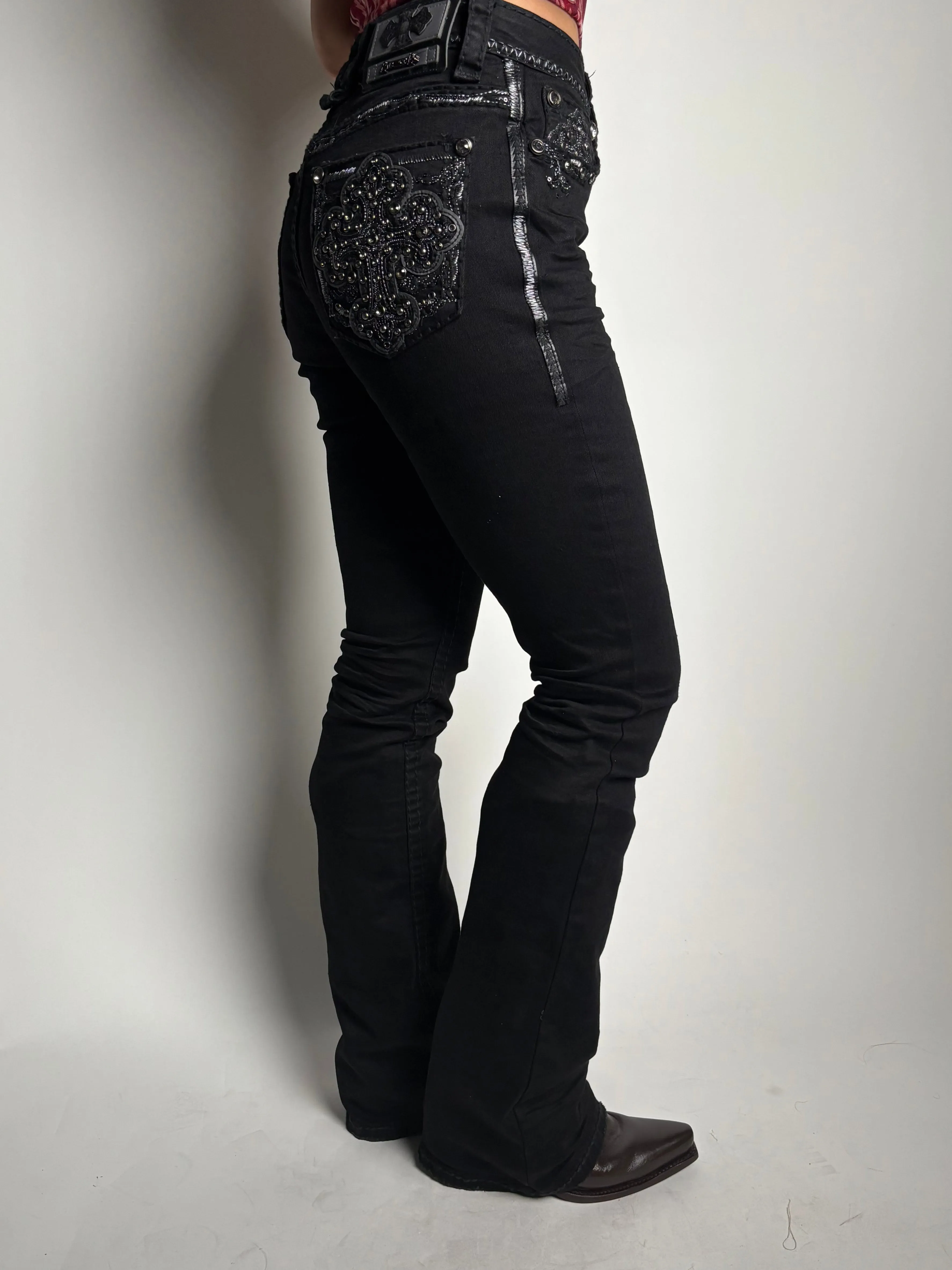Women's Black Mid Rise Rhinestone Stretch Bootcut Jeans - Answer Me