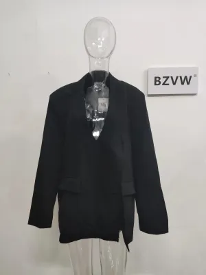 Women's Blazer V-Neck Long Sleeve Solid Color Medium Length Jacket Pocket Split Suit Jackets