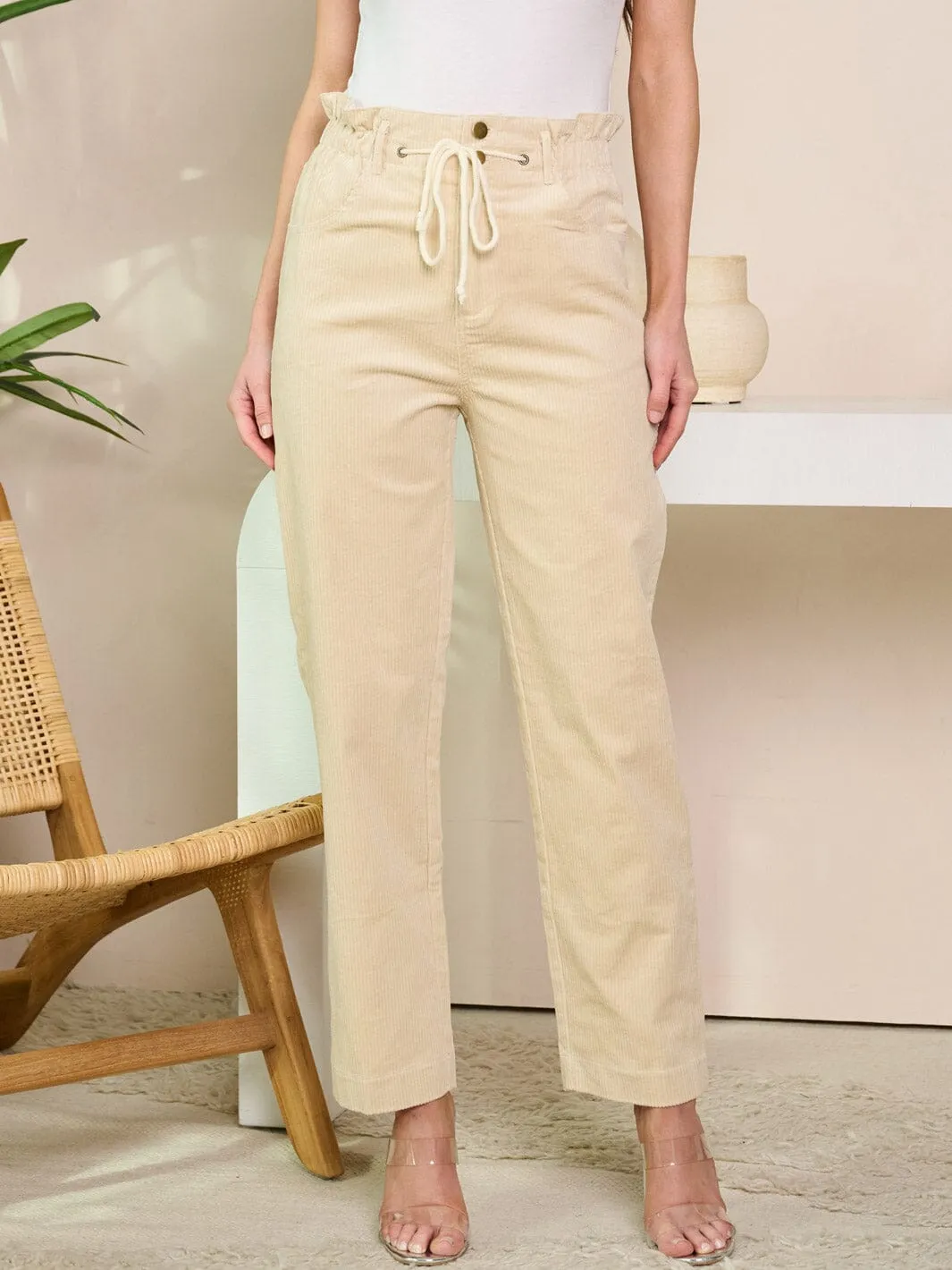 WOMEN'S BUTTON CLOSURE WIDE LEG CORDUROY PANTS