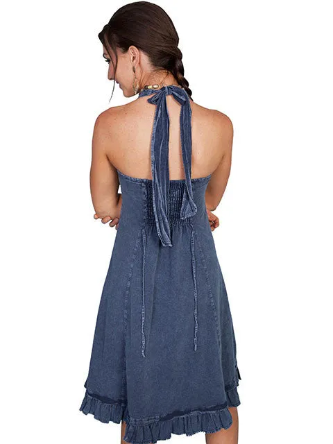 Women's Cantina Collection Dress: Halter Style with Ruffle Hem, Dark Blue