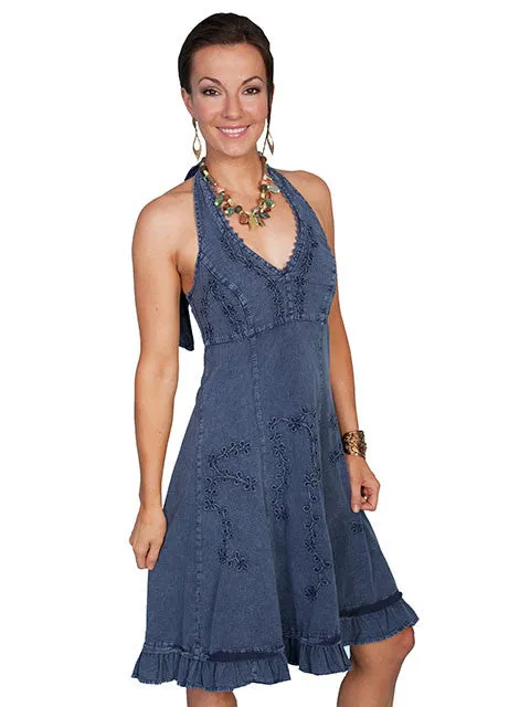 Women's Cantina Collection Dress: Halter Style with Ruffle Hem, Dark Blue