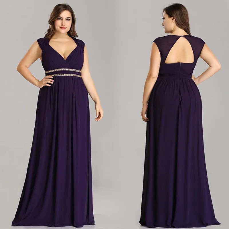 Women's Chiffon Bridesmaid Dress Plus Size V-Neck Empire Waist Prom Dress Long