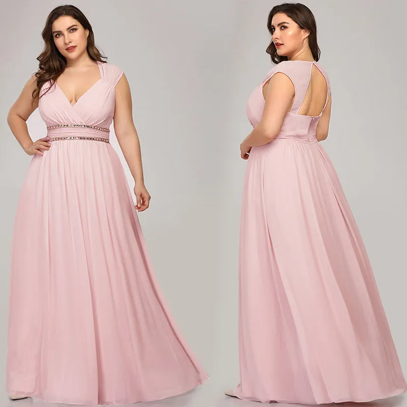 Women's Chiffon Bridesmaid Dress Plus Size V-Neck Empire Waist Prom Dress Long
