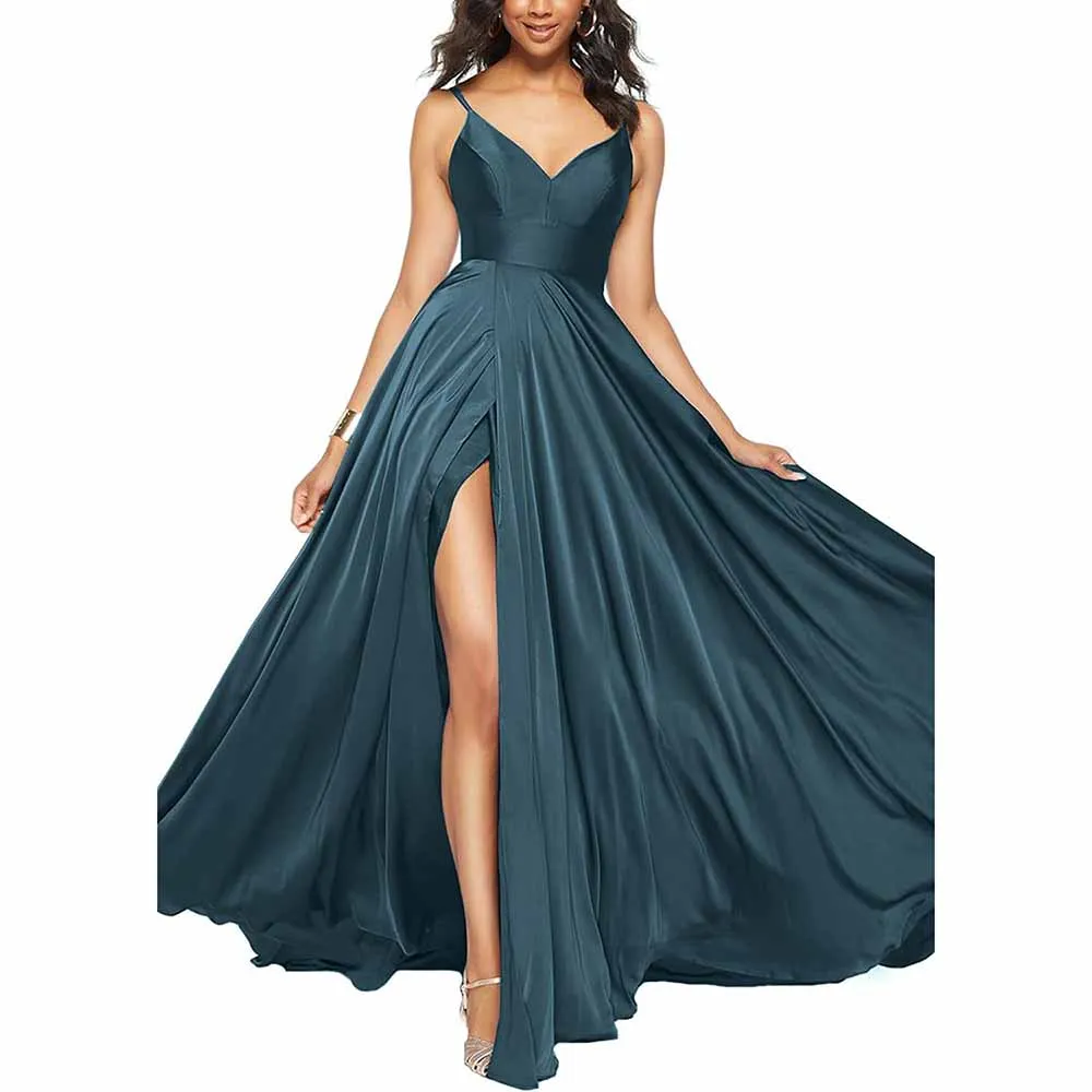 Women's Long Prom Dress Spaghetti Strap A Line Satin Formal Evening Party Gown