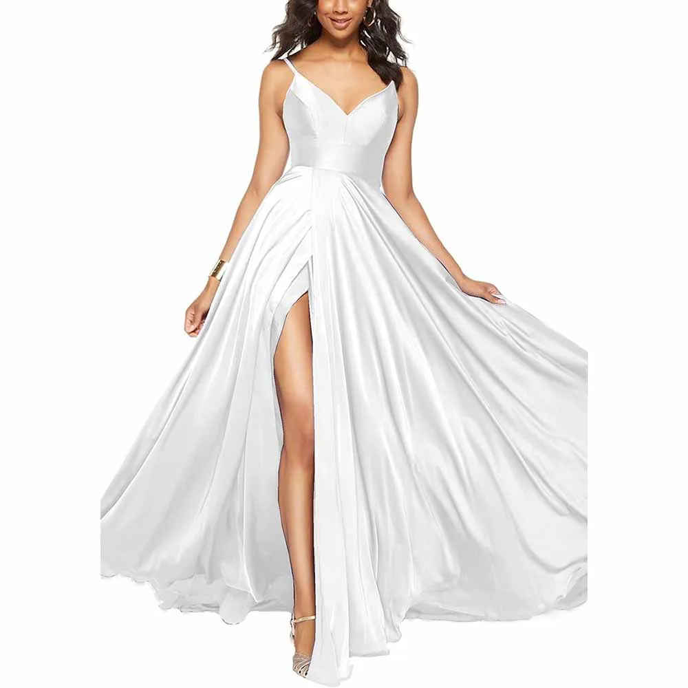 Women's Long Prom Dress Spaghetti Strap A Line Satin Formal Evening Party Gown