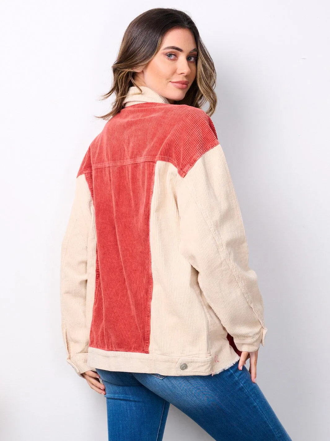 WOMEN'S LONG SLEEVE BUTTON UP COLORBLOCK CORDUROY JACKET