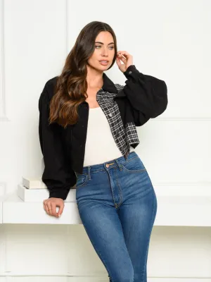 WOMEN'S LONG SLEEVE BUTTON UP FRONT POCKET CORDUROY PLAID JACKET