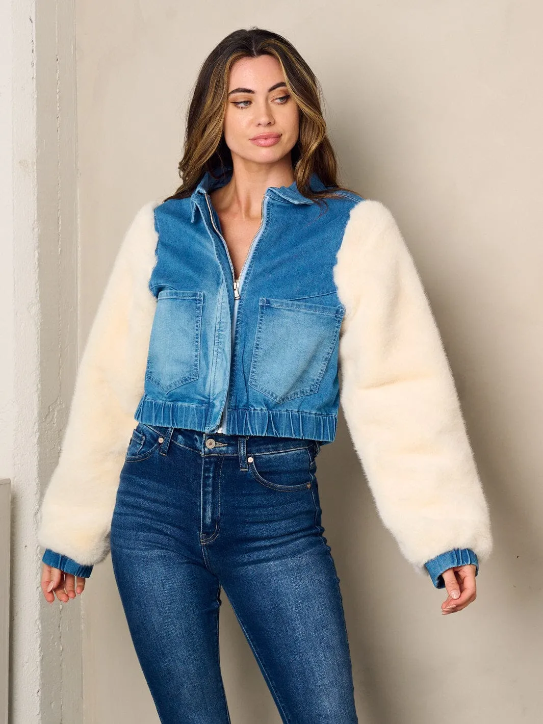 WOMEN'S LONG SLEEVE DENIM SHERPA ZIP UP JACKET