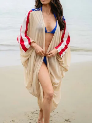 WOMEN'S LONG SLEEVE DRAPE OPEN FRONT PATRIOTIC KIMONO