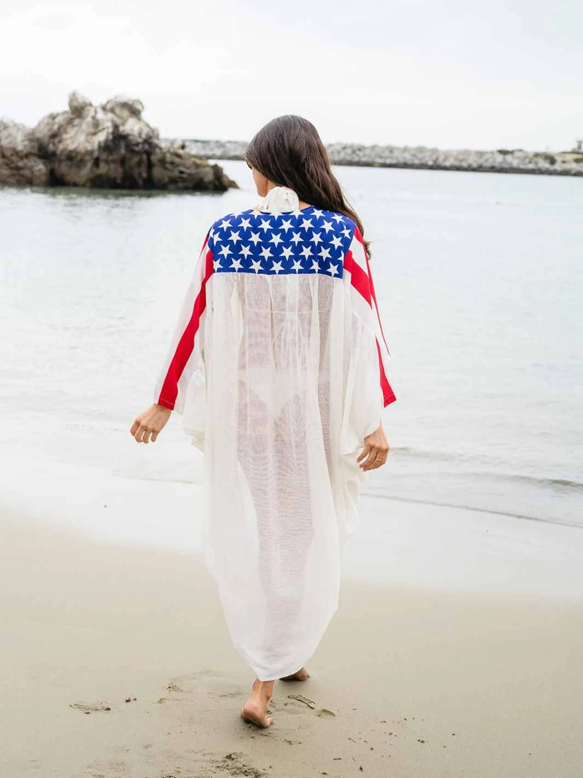 WOMEN'S LONG SLEEVE DRAPE OPEN FRONT PATRIOTIC KIMONO