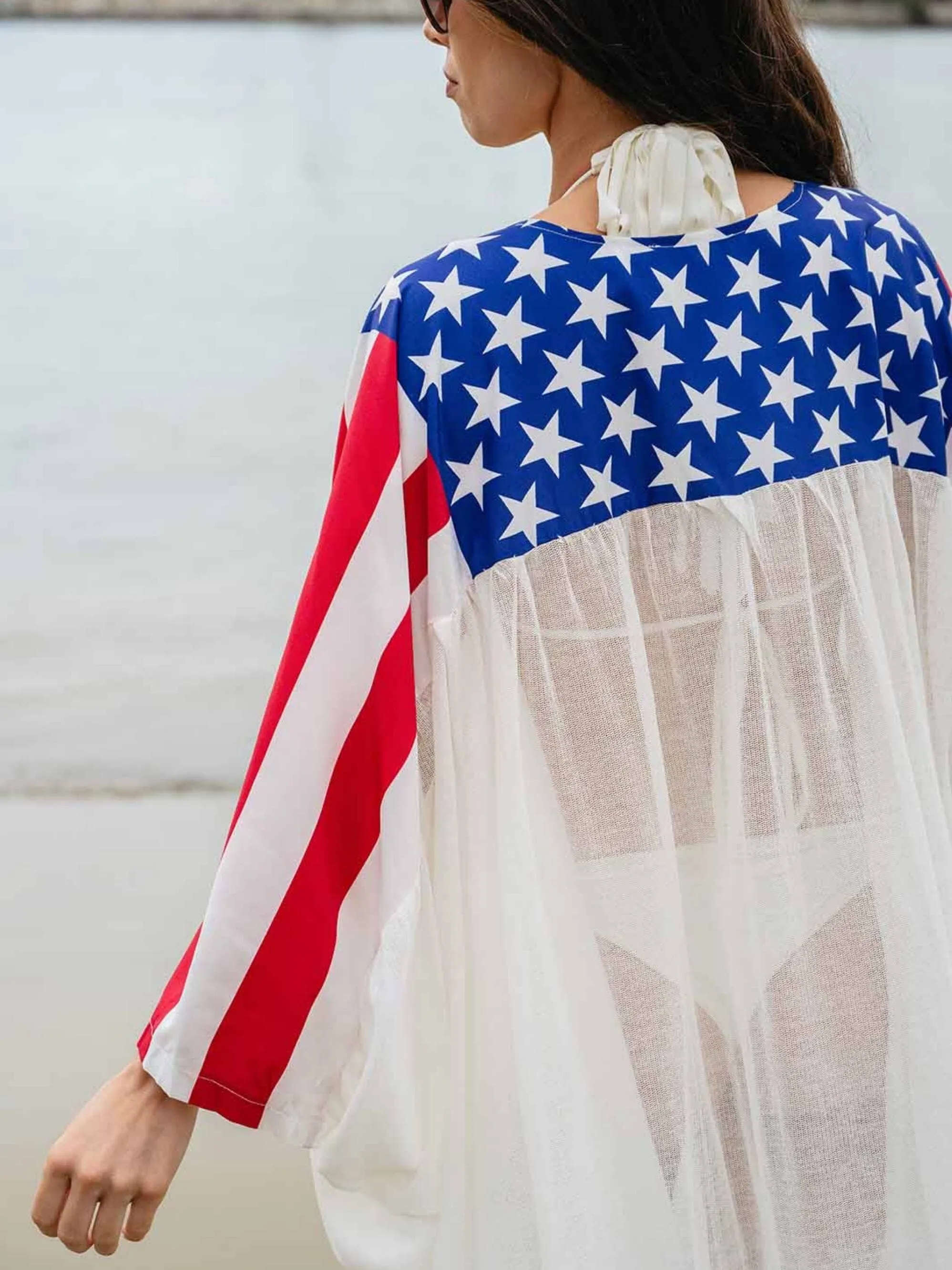 WOMEN'S LONG SLEEVE DRAPE OPEN FRONT PATRIOTIC KIMONO