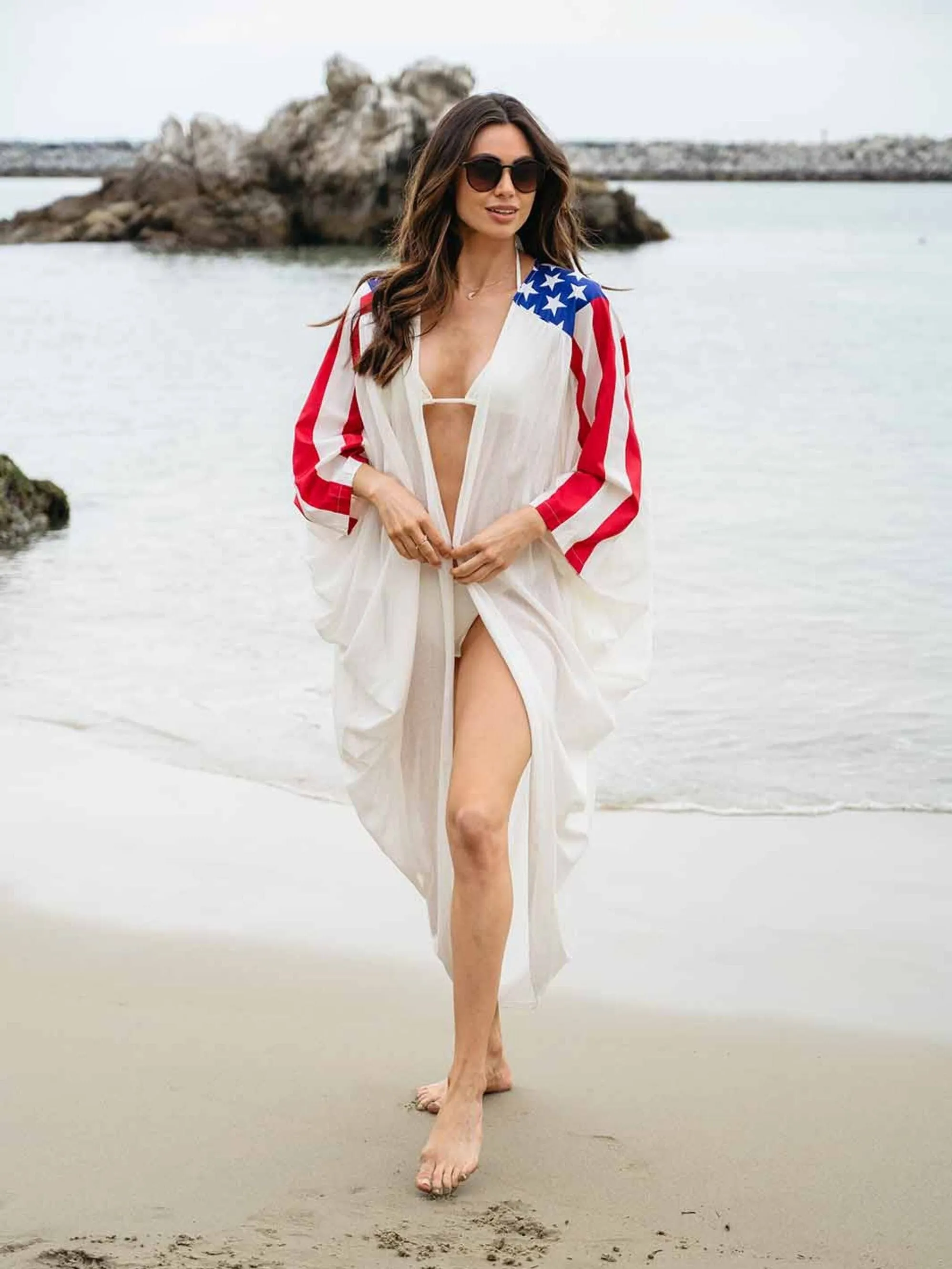WOMEN'S LONG SLEEVE DRAPE OPEN FRONT PATRIOTIC KIMONO