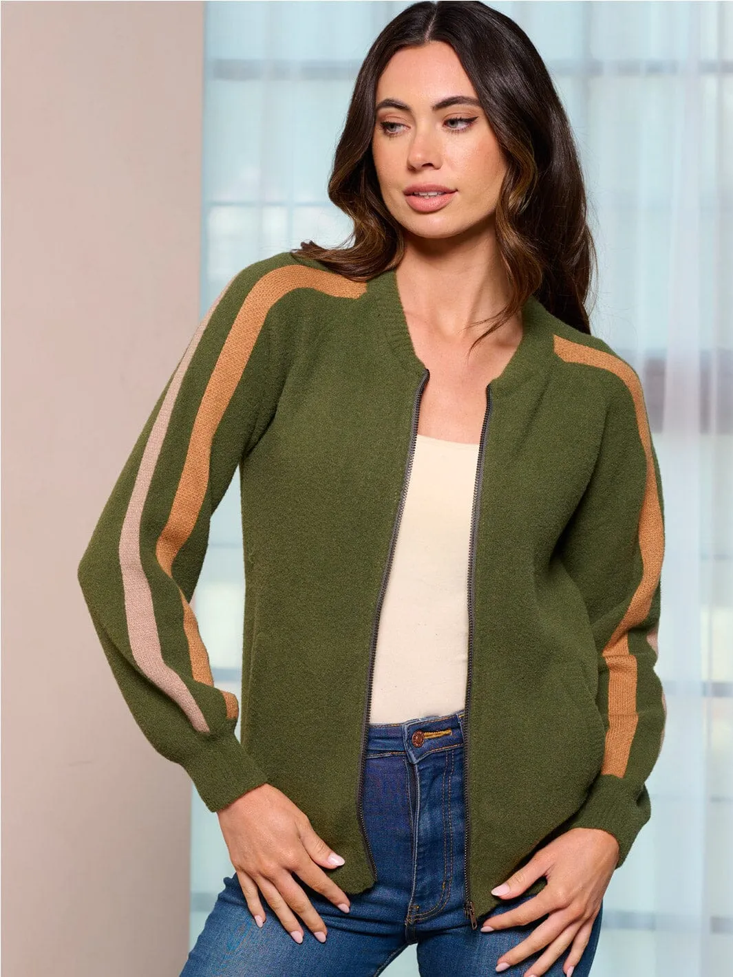 WOMEN'S LONG SLEEVE FRONT POCKETS ZIP UP SWEATER CARDIGAN