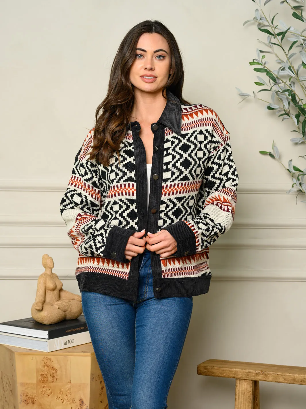 WOMEN'S LONG SLEEVE MULTI PRINT CARDIGAN SWEATER