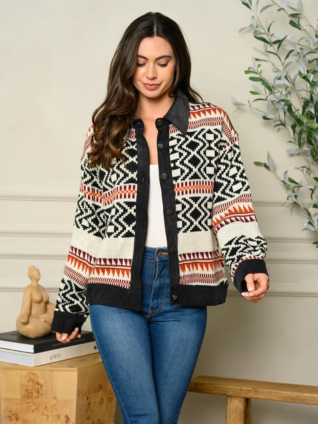 WOMEN'S LONG SLEEVE MULTI PRINT CARDIGAN SWEATER