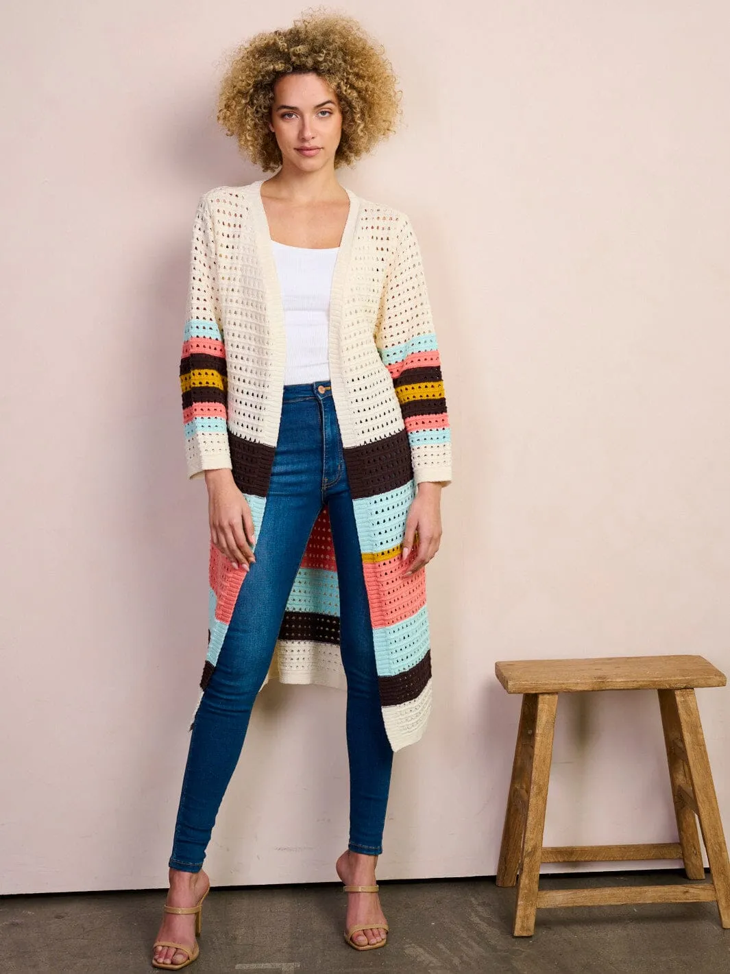 WOMEN'S LONG SLEEVE OPEN FRONT COLORBLOCK KNITTED CARDIGAN