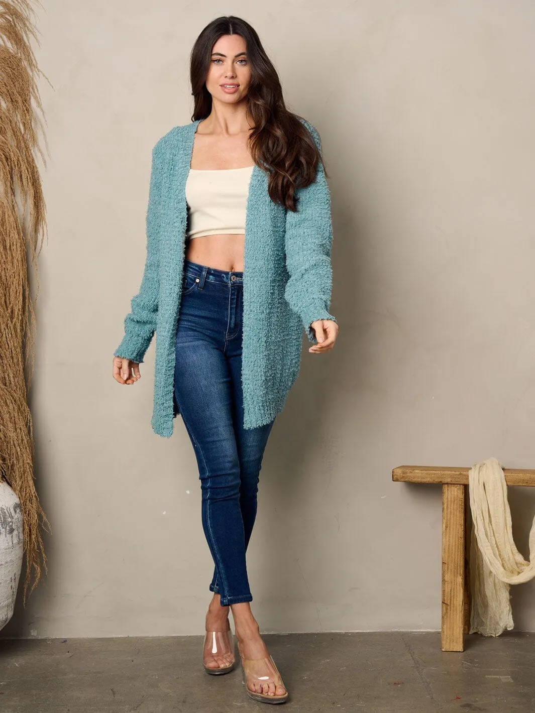 WOMEN'S LONG SLEEVE POCKETS FUZZY OPEN CARDIGAN