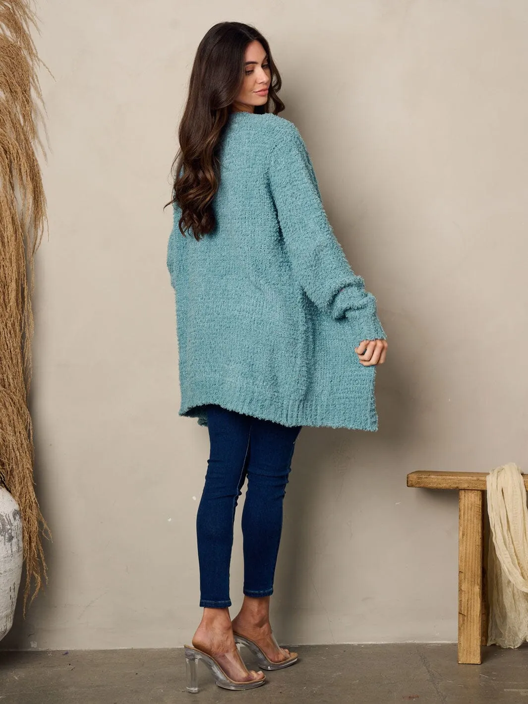 WOMEN'S LONG SLEEVE POCKETS FUZZY OPEN CARDIGAN