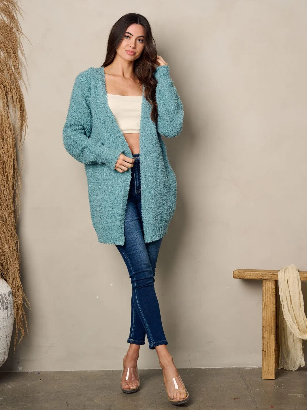 WOMEN'S LONG SLEEVE POCKETS FUZZY OPEN CARDIGAN